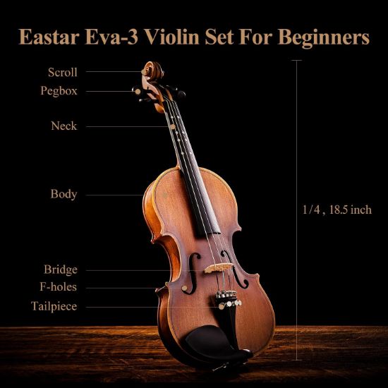 Picture of Eastar 1/4 Violin Set Fiddle for Beginners with Hard Case, Rosin, Shoulder Rest, Bow, and Extra Strings (Imprinted Finger Guide on Fingerboard)， EVA-3