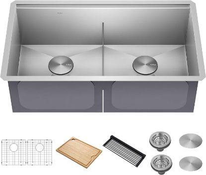 Picture of KRAUS KWU112-33 Kore Workstation 33-inch Undermount 16 Gauge Double Bowl Stainless Steel Kitchen Sink with Integrated Ledge and Accessories (Pack of 8)