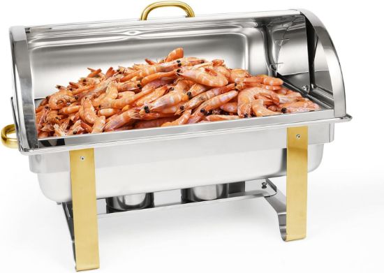 Picture of Restlrious Chafing Dish Buffet Set Stainless Steel 8 QT Rolling Top Rectangular Chafers and Buffet Warmers Complete Set w/Food Pan, Water Pan, Fuel Holder.