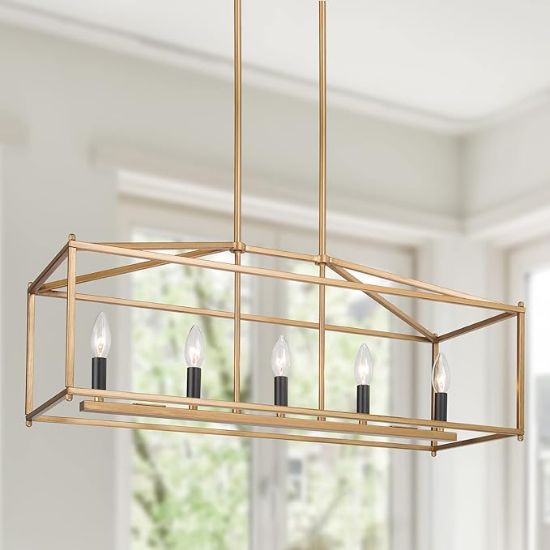 Picture of 5-Light Gold Modern Linear Chandeliers, 30” Large Metal Rectangle Light Fixture