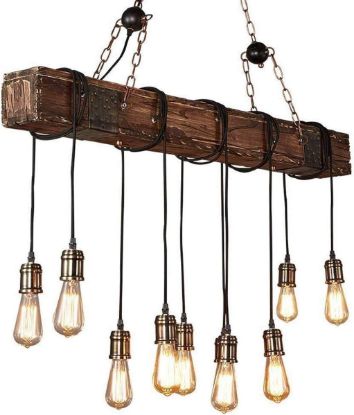 Picture of 10-Lights Chandelier Wooden Retro Rustic Pendant Light 10-Lights Chandelier Wooden Retro Rustic Pendant Light - Industrial Suspension Light line can be Adjusted Freely - Distressed Wood Chandelier for Dining Table Vintage Kitchen, Bar, Island, Billiard.