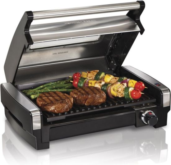 Picture of Hamilton Beach Electric Indoor Searing Grill with Viewing Window & Adjustable Temperature Control to 450F, 118 sq. in. Surface Serves 6, Removable Nonstick Grate, Stainless Steel