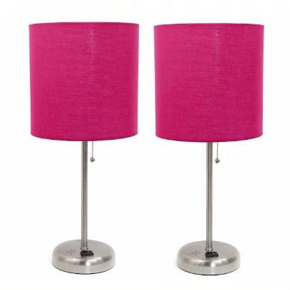 Picture of All The Rages  LimeLights Brushed Steel Stick Lamp with Charging Outlet and Fabric Shade PINK-2PK