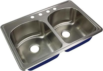 Picture of Transolid Meridian 4-Hole Drop-in 50/50 Double Bowl 16-Gauge Stainless Steel Kitchen Sink, 33-in x 22-in x 9-in, Brushed Finish