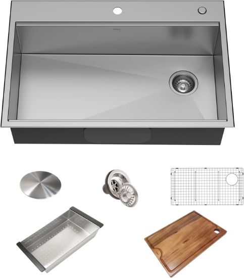 Picture of KRAUS KWT310-33/18 Kore Workstation 33-inch Drop-In 18 Gauge Single Bowl Stainless Steel Kitchen Sink with Integrated Ledge and Accessories
