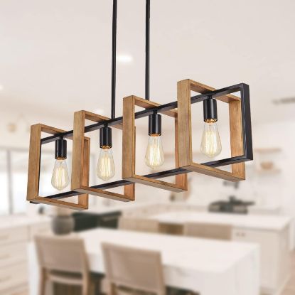 Picture of Dining Room Light Fixture Farmhouse Pendant Lights Kitchen Island Rustic Kitchen Light Fixtures 4 Lights Wood and Black Metal Rectangular Chandelier Ceiling Hanging