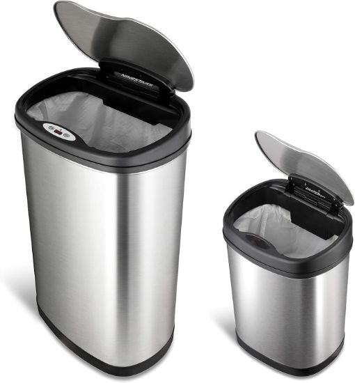Picture of NINESTARS Automatic Touchless Trash Can Combo Set, 13 Gal 50L & 3 Gal 12L, Stainless Steel 