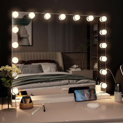 Picture of Hollywood Mirror with Lights, Vanity Makeup Mirror with Smart Touch Control, 3 Color Modes, Large Size Dimmable Light, Detachable 10X Magnification Mirror, with USB Socket