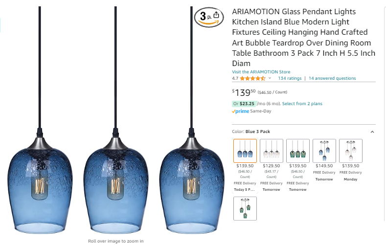 0003695 Ariamotion Glass Pendant Lights Kitchen Island Blue Modern Light Fixtures Ceiling Hanging Hand Craft 