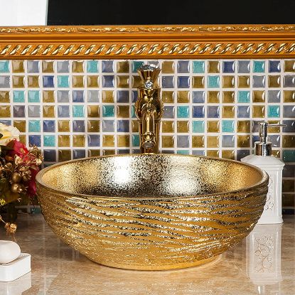 Picture of Gold Bathroom Vessel Sink Luxury Golden Round Bowl and Hand Carved Ceramic Countertop