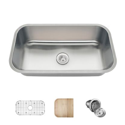 Picture of MR DIRECT 3218C Single Bowl Undermount Stainless Steel Sink, Cutting Board, Grid, and Basket Strainer