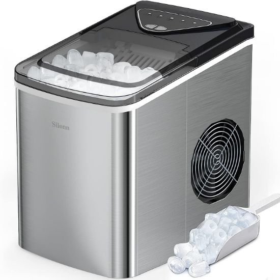 Picture of Silonn Ice Makers Countertop, 9 Cubes Ready in 6 Mins, 26lbs in 24Hrs, Self-Cleaning Ice Machine with Ice Scoop and Basket, 2 Sizes of Bullet Ice, Stainless Steel
