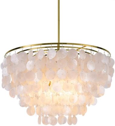 Picture of Wellmet Natural Capiz Shell Chandelier, 6 Lights Gold Coastal Modern , Hanging Round Layered