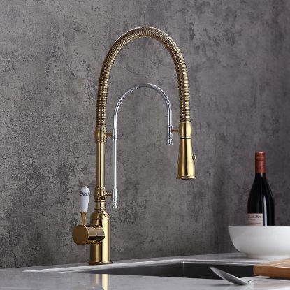 Picture of KunMai Single Handle  Dual-Mode Pull-Down Sprayer Kitchen Sink Faucet with Porcelain Handle in Gold&Chrome