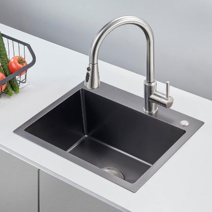 Picture of POPFLY Kitchen Sink,(25x18x9 in) Stainless 18 Gauge Single Bowl Overmount black