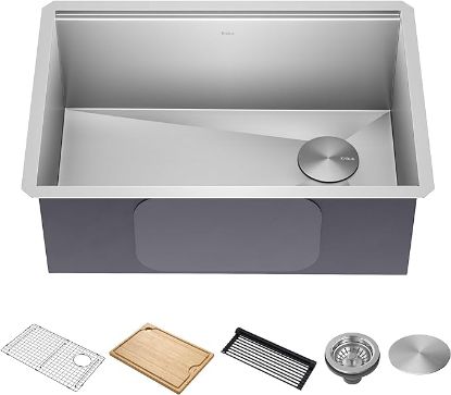 Picture of KRAUS  Workstation 27-inch Undermount 16 Gauge Single Bowl Stainless Steel Kitchen Sink with Integrated Ledge and Accessories