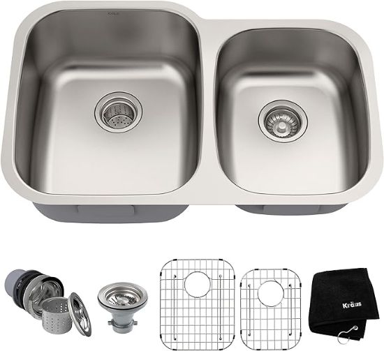 Picture of Kraus  32 inch Undermount 60/40 Double Bowl  Stainless Steel Kitchen Sink