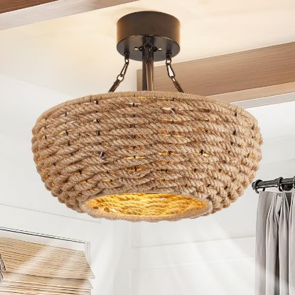 Picture of shitougu 20" Rustic , hemp rope Farmhouse fandeliers Ceiling Fans with Lights