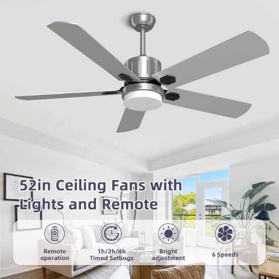 Picture of Indoor/Outdoor 52" Silver Ceiling Fans,5-Blades with Remote, Adjustable Lights, 6 Speed Reversible DC Motor,For Patio Bedroom Porch